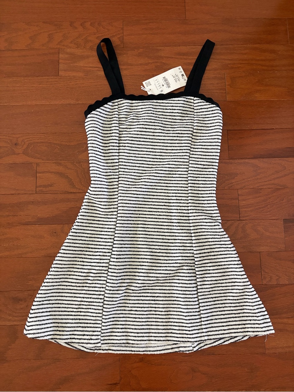 Zara Black & White Striped Mini Dress with Scalloped Trim